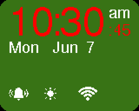 The time screen, showing the current time and date