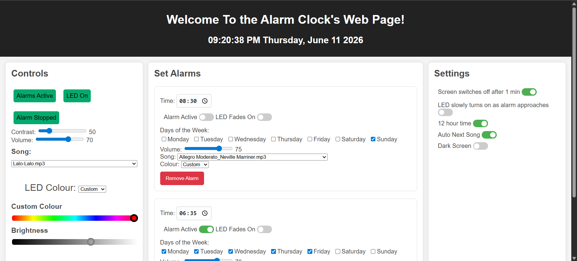 The clock's built-in web interface open in a browser